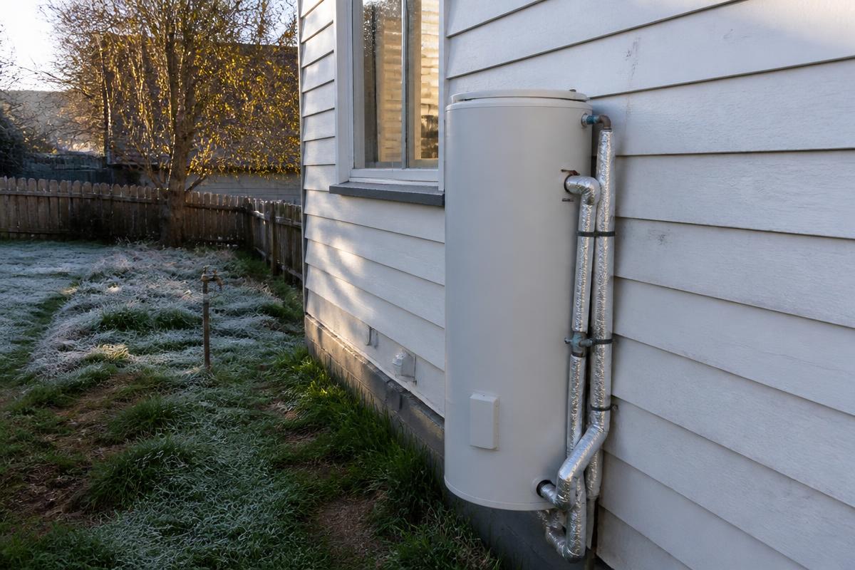 A Perth home with an outdoor hot water system and insulated copper pipework.